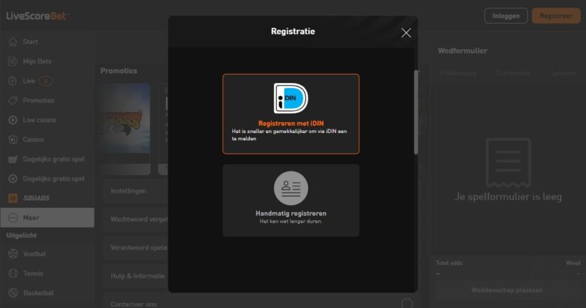 Registratie met of zonder iDIN bij LiveScoreBet Nederland